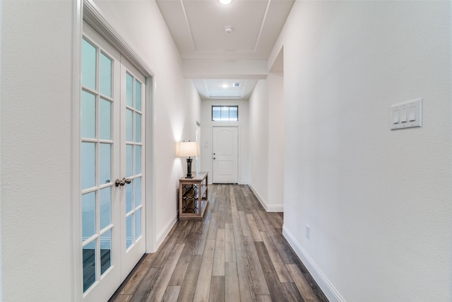 200 Tallgrass Dr, Lavon, TX 75166 - hallway with dark wood-style floors, baseboards, attic access, and french doors