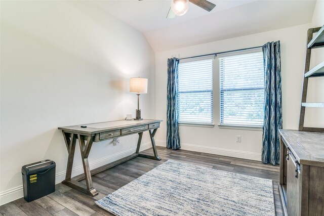 200 Tallgrass Dr, Lavon, TX 75166 - office with ceiling fan, dark wood finished floors, baseboards, and lofted ceiling
