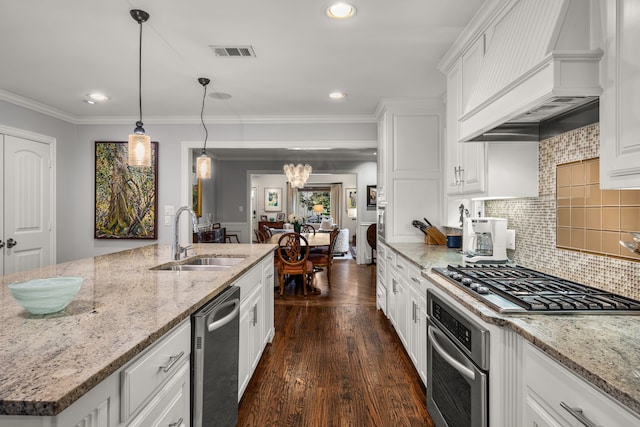 5507 W Amherst Ave, Dallas, TX 75209 - kitchen featuring stainless steel appliances, premium range hood, a sink, white cabinetry, and dark wood finished floors