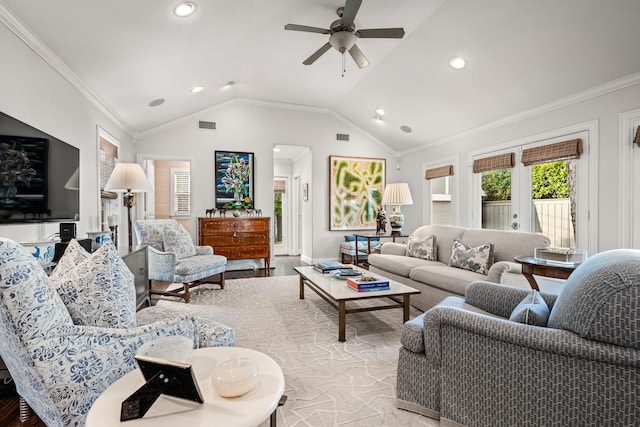 5507 W Amherst Ave, Dallas, TX 75209 - living area featuring a ceiling fan, wood finished floors, healthy amount of natural light, vaulted ceiling, and recessed lighting