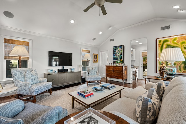 5507 W Amherst Ave, Dallas, TX 75209 - living room with healthy amount of natural light, vaulted ceiling, recessed lighting, a ceiling fan, and wood finished floors