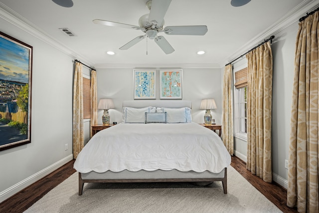 5507 W Amherst Ave, Dallas, TX 75209 - bedroom featuring wood finished floors, baseboards, ornamental molding, recessed lighting, and ceiling fan