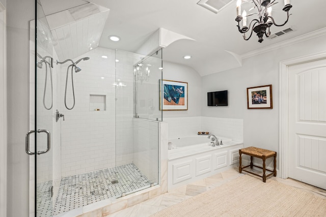 5507 W Amherst Ave, Dallas, TX 75209 - full bath with a bath, a shower stall, crown molding, recessed lighting, and a chandelier
