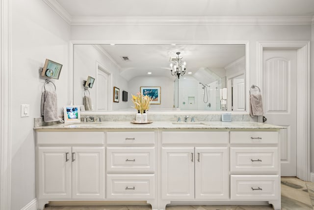 5507 W Amherst Ave, Dallas, TX 75209 - full bath with double vanity, a shower stall, a chandelier, crown molding, and baseboards