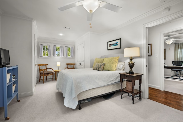 5507 W Amherst Ave, Dallas, TX 75209 - carpeted bedroom with ornamental molding, baseboards, recessed lighting, and a ceiling fan