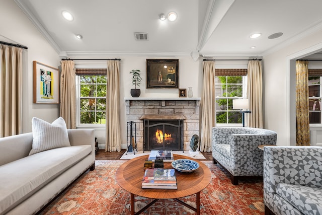 5507 W Amherst Ave, Dallas, TX 75209 - living room featuring ornamental molding, a stone fireplace, healthy amount of natural light, recessed lighting, and baseboards