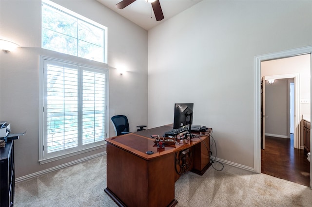 4401 Oak Shores Cir, Cross Roads, TX 76227 - office area featuring a ceiling fan, carpet flooring, high vaulted ceiling, and baseboards