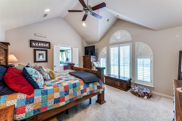 4401 Oak Shores Cir, Cross Roads, TX 76227 - bedroom with carpet floors, recessed lighting, a ceiling fan, and high vaulted ceiling