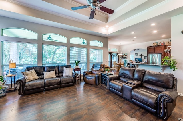 4401 Oak Shores Cir, Cross Roads, TX 76227 - living area with ceiling fan, dark wood finished floors, crown molding, recessed lighting, and a tray ceiling
