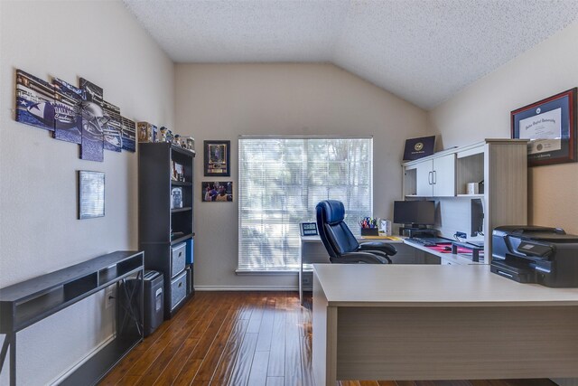 4546 Brittany Ln, Grand Prairie, TX 75052 - office with dark wood finished floors, lofted ceiling, and a textured ceiling