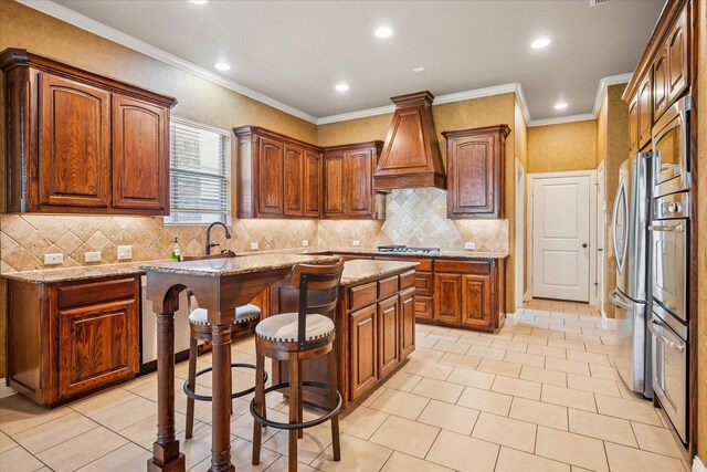 2720 Chapel Springs Dr, Highland Village, TX 75077 - kitchen with custom exhaust hood, a center island, recessed lighting, light stone countertops, and crown molding