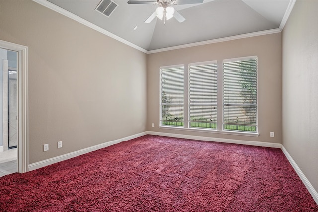 2720 Chapel Springs Dr, Highland Village, TX 75077 - empty room with a ceiling fan, lofted ceiling, carpet flooring, crown molding, and baseboards