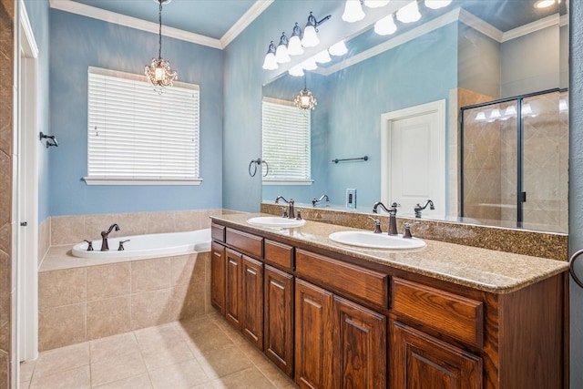 2720 Chapel Springs Dr, Highland Village, TX 75077 - full bathroom with tile patterned flooring, double vanity, ornamental molding, a bath, and a shower stall