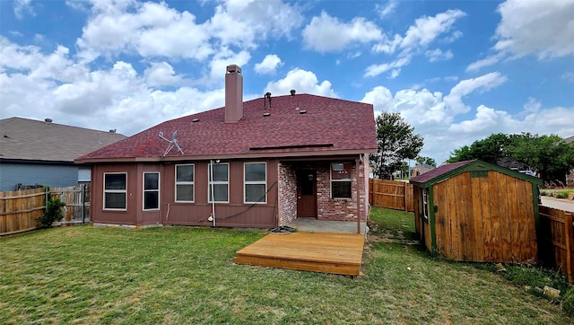 1085 Harriman Dr, Saginaw, TX 76131 - rear view of house with a fenced backyard, a wooden deck, roof with shingles, and a chimney