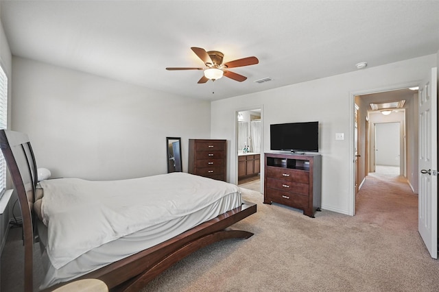 2932 Peyton Brook Dr, Fort Worth, TX 76137 - bedroom with attic access, light carpet, ceiling fan, ensuite bath, and baseboards