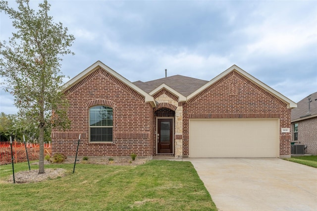 3616 Mallard Way, Mckinney, TX 75071 - view of front of home with brick siding, cooling unit, driveway, a garage, and a front lawn
