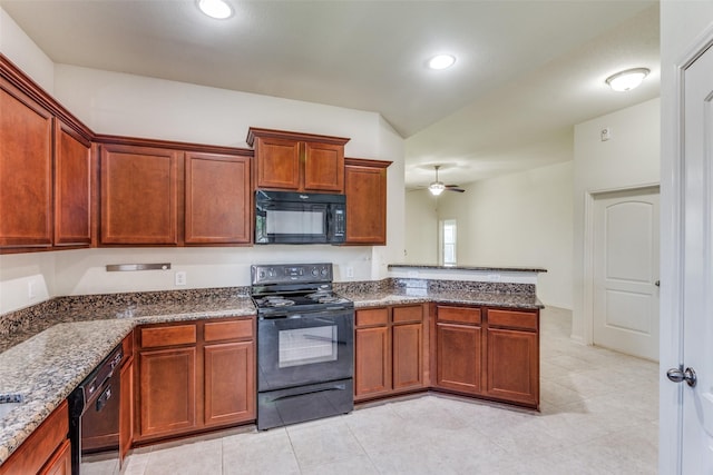 4201 Tower Ln, Crowley, TX 76036 - kitchen featuring black appliances, a peninsula, dark stone countertops, ceiling fan, and recessed lighting