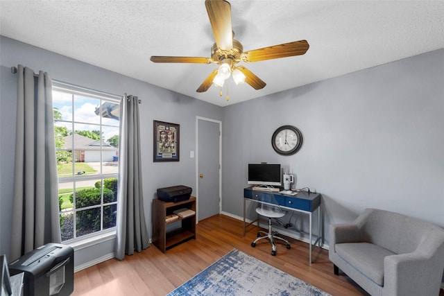 2312 Collier Dr, Mckinney, TX 75071 - office featuring light wood-style flooring, a textured ceiling, baseboards, and ceiling fan