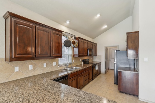 1336 Castlegar Ln, Fort Worth, TX 76247 - kitchen featuring black appliances, a sink, tasteful backsplash, light tile patterned floors, and recessed lighting