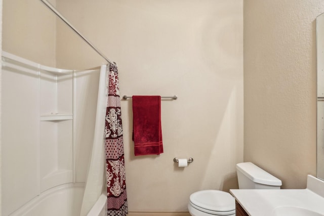 1336 Castlegar Ln, Fort Worth, TX 76247 - full bathroom with vanity, toilet, and shower / bathtub combination with curtain