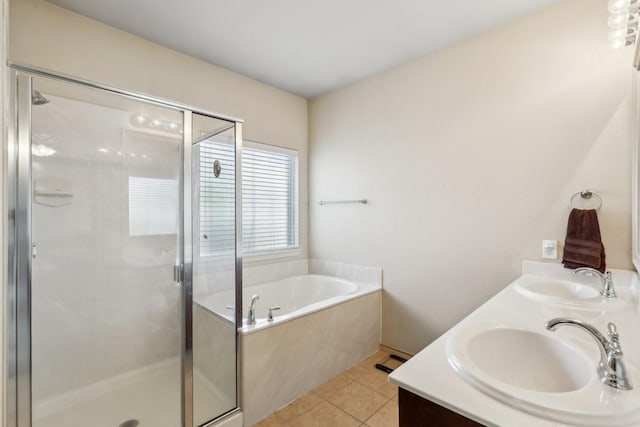 1336 Castlegar Ln, Fort Worth, TX 76247 - bathroom with a shower stall, a bath, tile patterned flooring, and double vanity