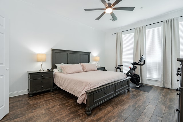 1005 Ruidoso Downs Dr, Talty, TX 75160 - bedroom featuring dark wood-style floors, a ceiling fan, and ornamental molding