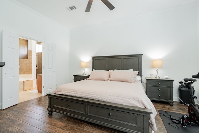 1005 Ruidoso Downs Dr, Talty, TX 75160 - bedroom featuring ensuite bath, dark wood-style flooring, ornamental molding, and a ceiling fan