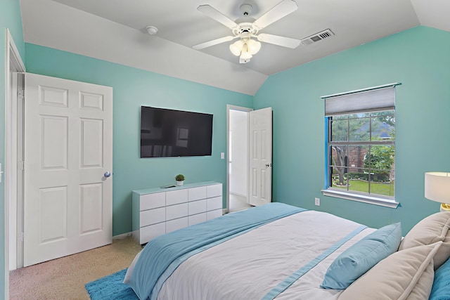 1908 Canyon Wren Dr, Mckinney, TX 75071 - bedroom with vaulted ceiling, carpet floors, and a ceiling fan