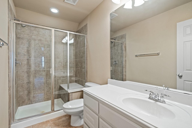 1908 Canyon Wren Dr, Mckinney, TX 75071 - bathroom featuring toilet, vanity, tile patterned flooring, a stall shower, and recessed lighting