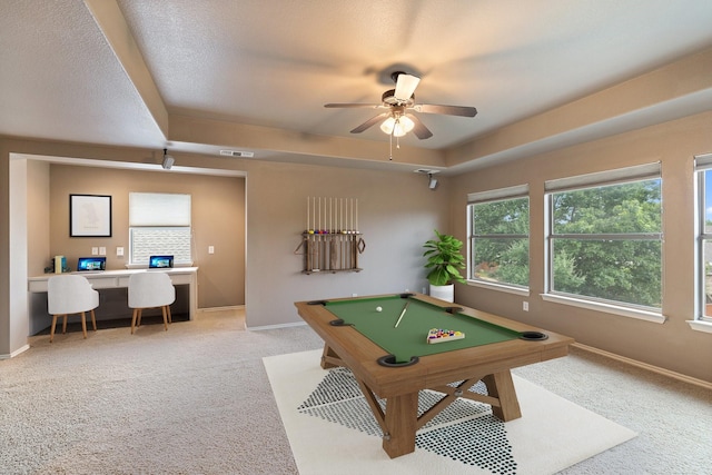 1908 Canyon Wren Dr, Mckinney, TX 75071 - rec room featuring light colored carpet, billiards table, a tray ceiling, and ceiling fan