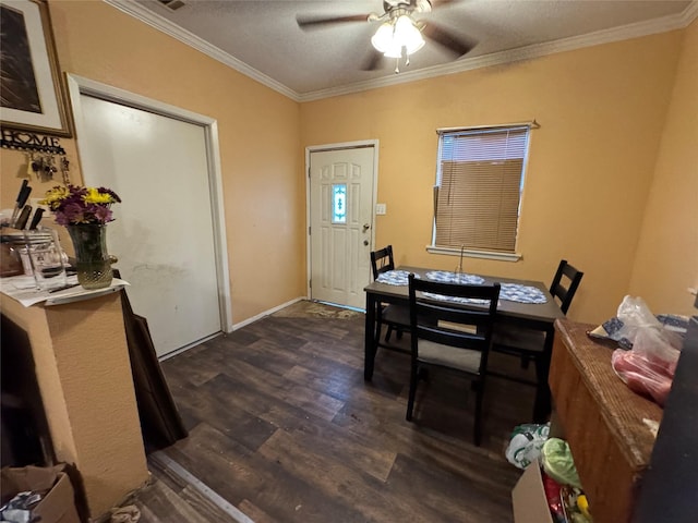 1206 Walnut St, Greenville, TX 75401 - dining space with dark wood finished floors, ceiling fan, and ornamental molding