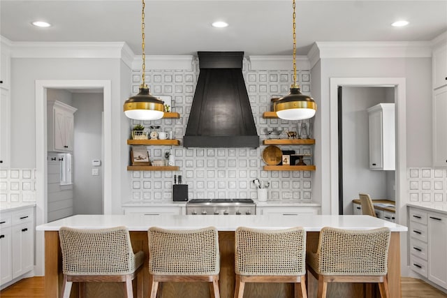 200 Sutherland Cres, Northlake, TX 76247 - kitchen with custom exhaust hood, tasteful backsplash, open shelves, and recessed lighting