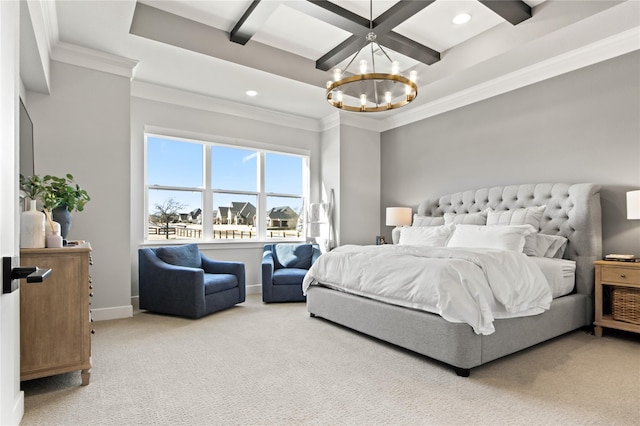200 Sutherland Cres, Northlake, TX 76247 - bedroom with ornamental molding, carpet floors, a chandelier, coffered ceiling, and baseboards