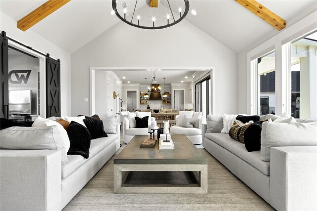 200 Sutherland Cres, Northlake, TX 76247 - living room featuring a chandelier, high vaulted ceiling, recessed lighting, beamed ceiling, and a barn door