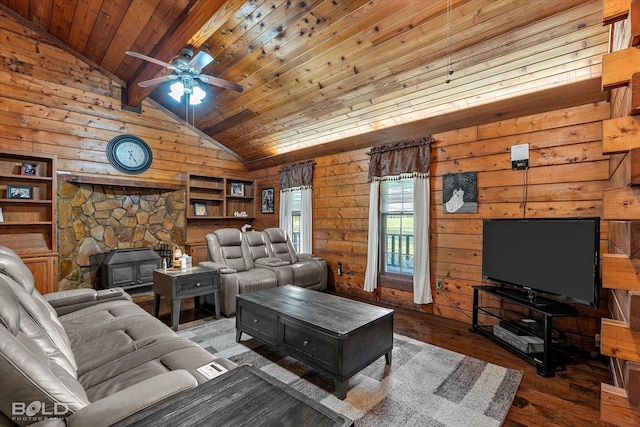 250 Mayo Rd, Shreveport, LA 71106 - living room with a wood stove, wood ceiling, wood-type flooring, ceiling fan, and wooden walls