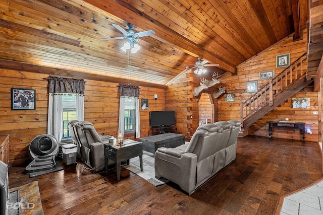 250 Mayo Rd, Shreveport, LA 71106 - living area featuring hardwood / wood-style flooring, stairs, wood walls, ceiling fan, and wood ceiling