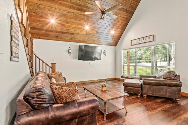 102 Anderson Ln, Mabank, TX 75156 - living room featuring wooden ceiling, a ceiling fan, wood finished floors, high vaulted ceiling, and baseboards