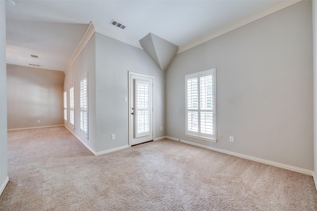 2673 April Sound Ln, Frisco, TX 75033 - carpeted empty room featuring ornamental molding, baseboards, and vaulted ceiling