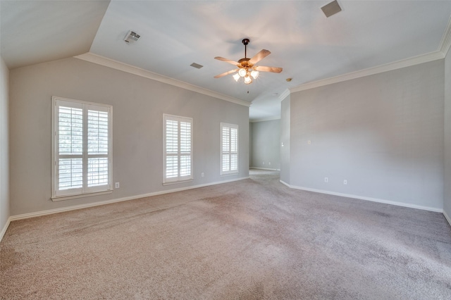 2673 April Sound Ln, Frisco, TX 75033 - carpeted empty room with lofted ceiling, ceiling fan, ornamental molding, and baseboards