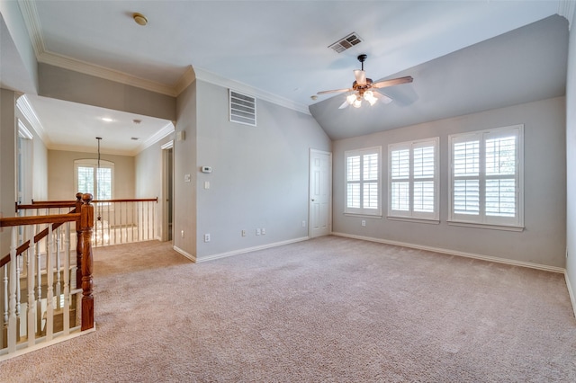 2673 April Sound Ln, Frisco, TX 75033 - carpeted spare room featuring ceiling fan, crown molding, baseboards, vaulted ceiling, and a smoke detector