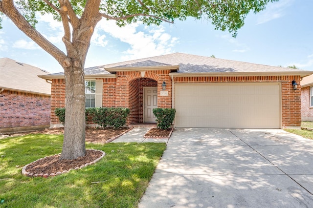10556 Midway Dr, Frisco, TX 75035 - ranch-style home with brick siding, a garage, concrete driveway, a shingled roof, and a front yard