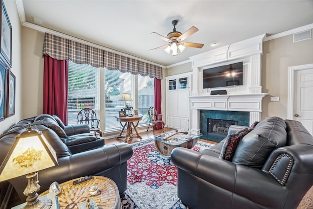 3820 Nash Ln, Plano, TX 75025 - living area with a ceiling fan, crown molding, a fireplace, and wood finished floors