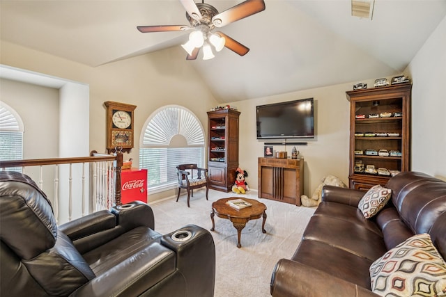 3820 Nash Ln, Plano, TX 75025 - living area featuring lofted ceiling, carpet, ceiling fan, plenty of natural light, and baseboards