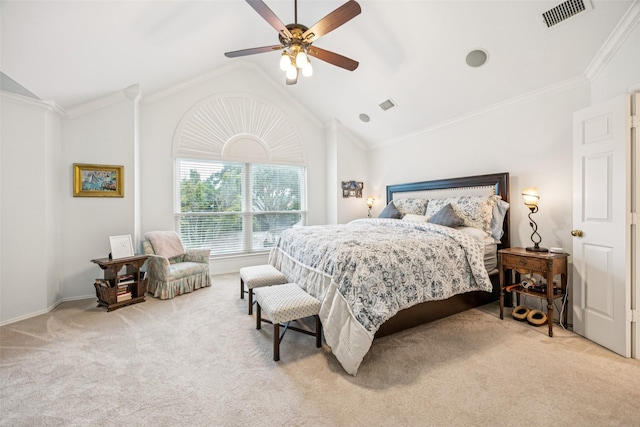 3820 Nash Ln, Plano, TX 75025 - carpeted bedroom with vaulted ceiling, a ceiling fan, ornamental molding, and baseboards