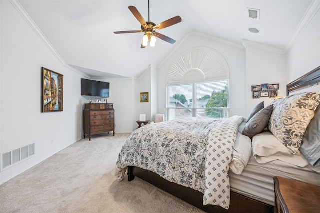 3820 Nash Ln, Plano, TX 75025 - bedroom with light colored carpet, lofted ceiling, a ceiling fan, and crown molding