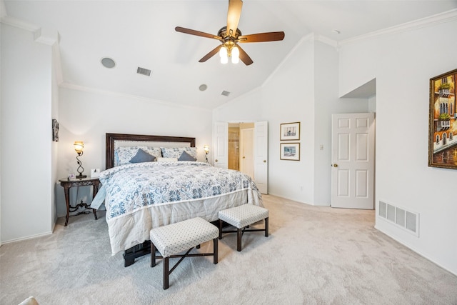 3820 Nash Ln, Plano, TX 75025 - bedroom featuring light colored carpet, ornamental molding, high vaulted ceiling, and a ceiling fan