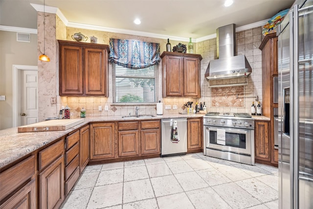 3820 Nash Ln, Plano, TX 75025 - kitchen featuring stainless steel appliances, wall chimney exhaust hood, a sink, decorative backsplash, and ornamental molding