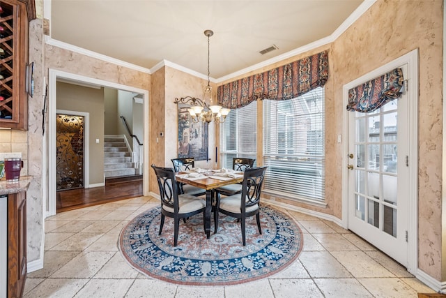 3820 Nash Ln, Plano, TX 75025 - dining space with baseboards, stairs, crown molding, a chandelier, and stone tile flooring
