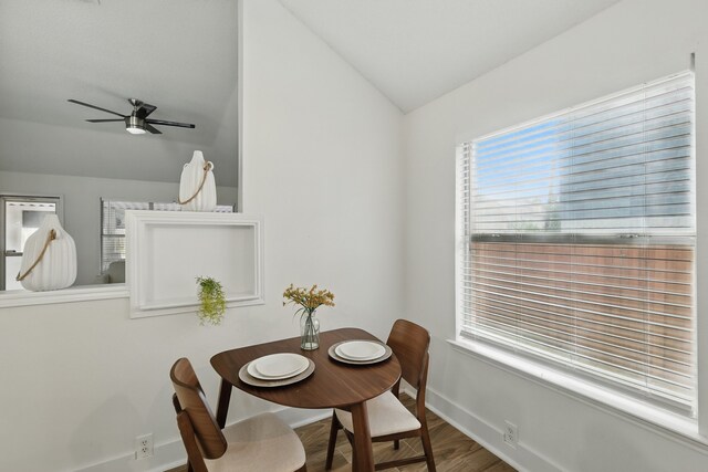 3220 Steamboat Dr, Fort Worth, TX 76123 - dining room with vaulted ceiling, ceiling fan, wood finished floors, and baseboards