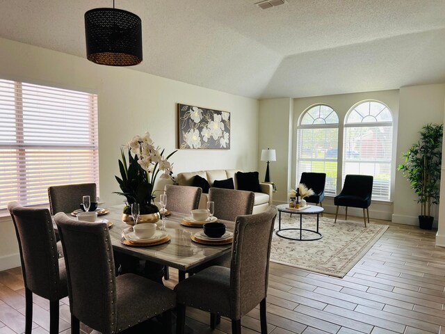3220 Steamboat Dr, Fort Worth, TX 76123 - dining space with wood finished floors, a textured ceiling, lofted ceiling, and baseboards